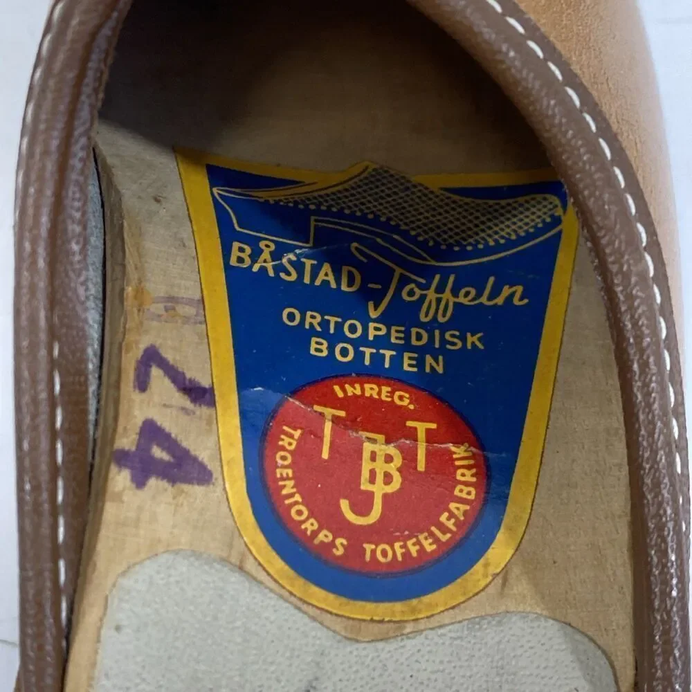 Vintage Girls Swedish Bastad-Toffeln Wood & Tan Leather Clogs Size 24 Us 8‎